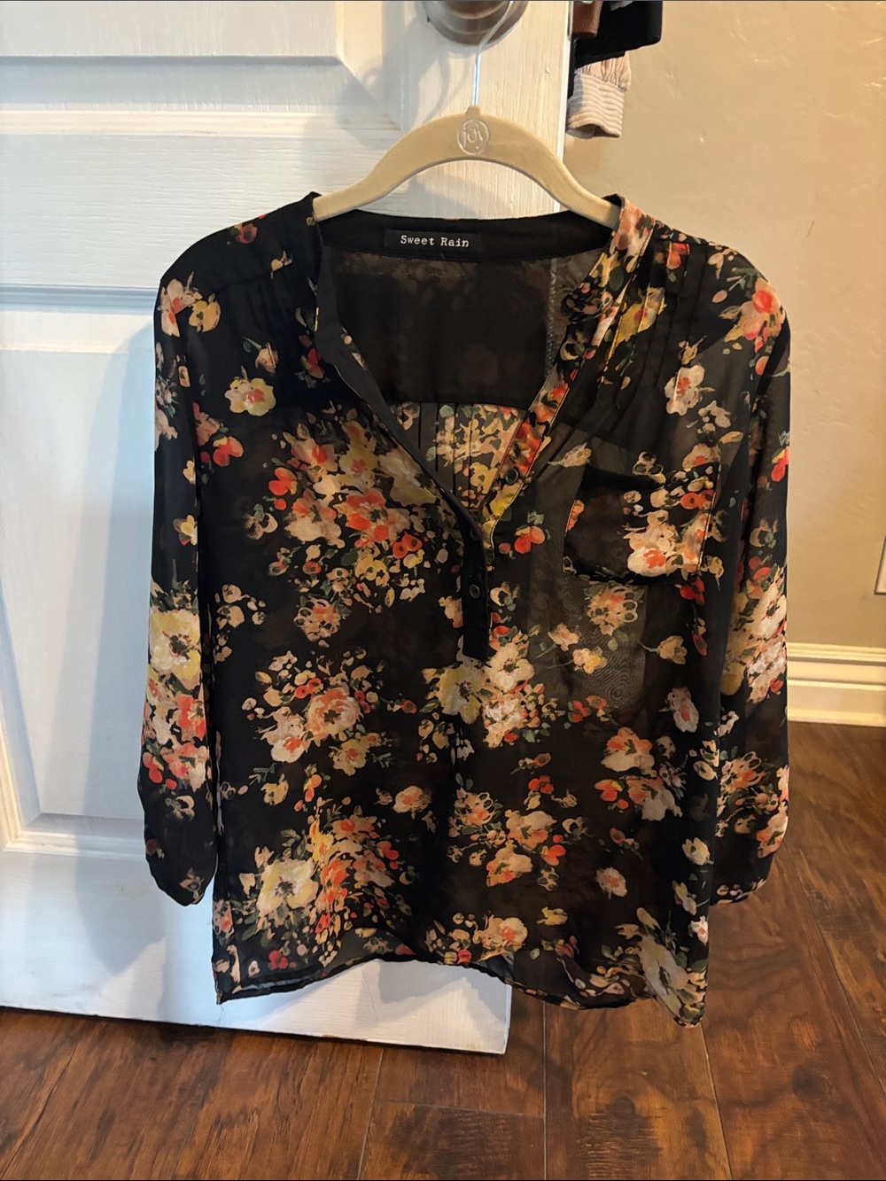 Sweet Rain Black Floral Semi-Sheer Henley Blouse